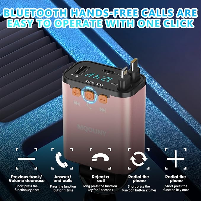 Retractable Car Charger, 5 in 1 Fast Cars Phone Charger 60w, Handsfree Call - Image 3
