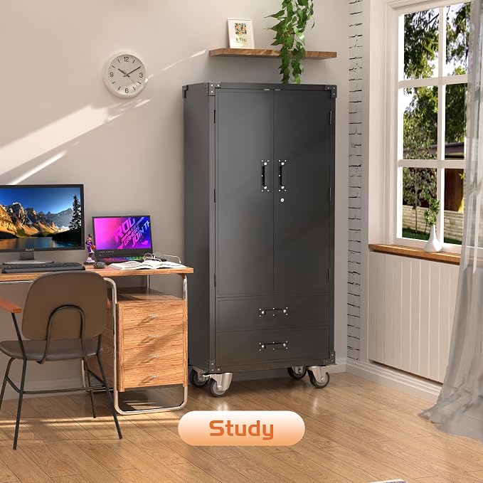 Rolling Storage Cabinet with 2 Doors and 2 Drawers, Heavy Duty Metal Storage - Image 2