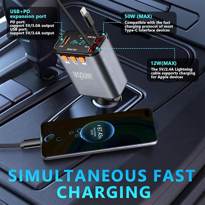 Retractable Car Charger, 5 in 1 Fast Cars Phone Charger 60w, Handsfree Call - Image 3