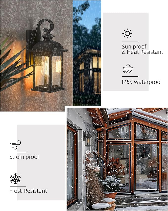 FEMILA Outdoor Wall Sconce, 14.9" Matte Black Seeded Glass Outdoor Sconce Lights - Image 5