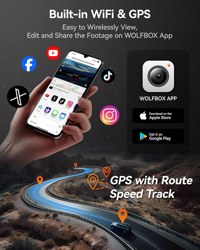 WOLFBOX i07 3 Channel Dash Cam Built-in WiFi GPS, 4K Dash Camera Front and - Image 6