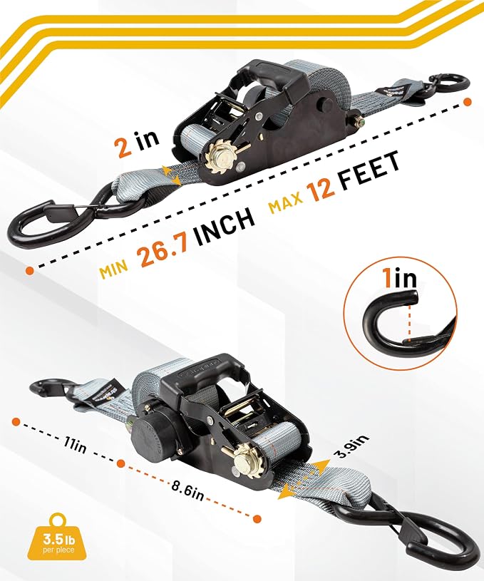 Strapinno Retractable Ratchet Tie-Down Straps, 000 lbs Breaking Strength- 2 in - Image 3