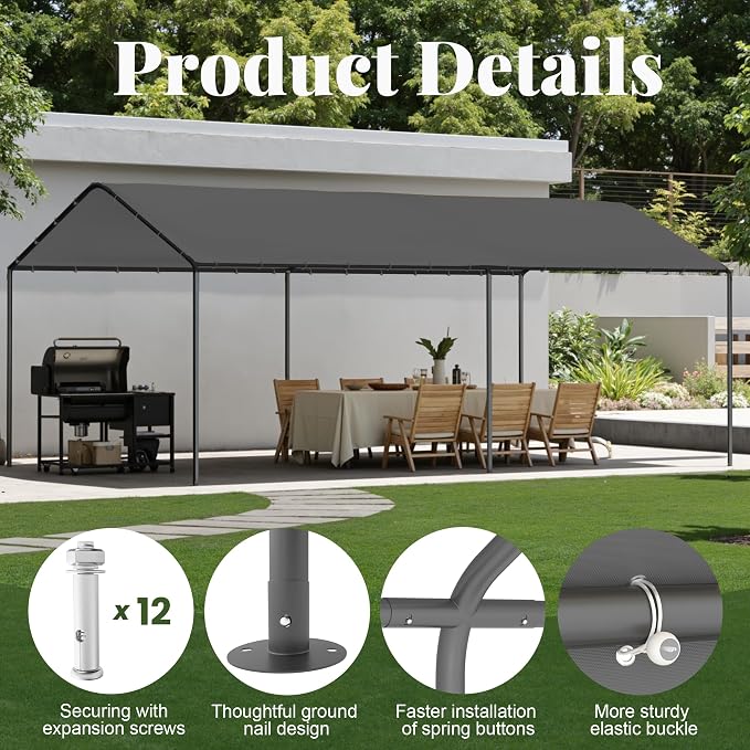 Carport, 10‘ x 20’ Heavy Duty Portable Garage All-Season Car Canopy w/Removable - Image 2