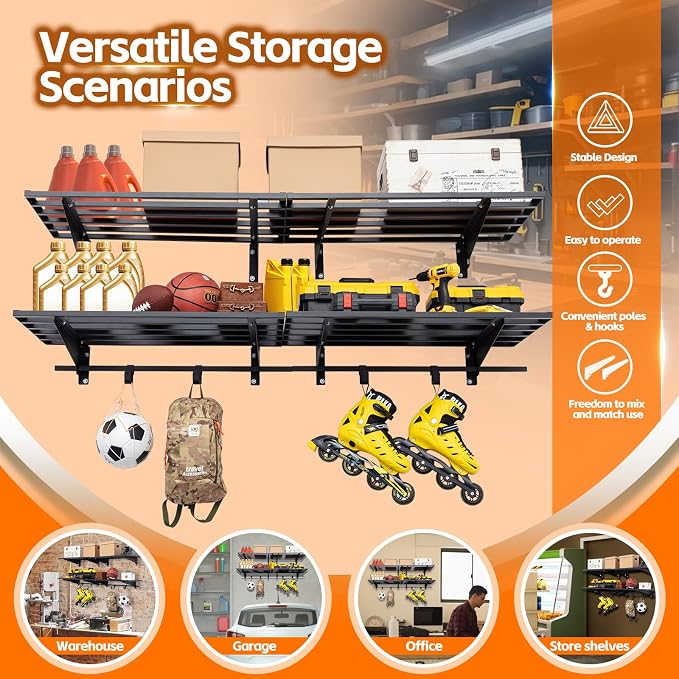 Garage Wall Shelving with Hooks, Loads 1050 lbs Heavy Duty Wall Shelves - Image 4