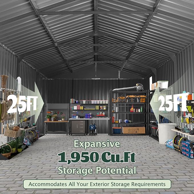 Domi 12'x25' Outdoor Metal Garage Shed, Weatherproof Enclosed Carport - Image 7