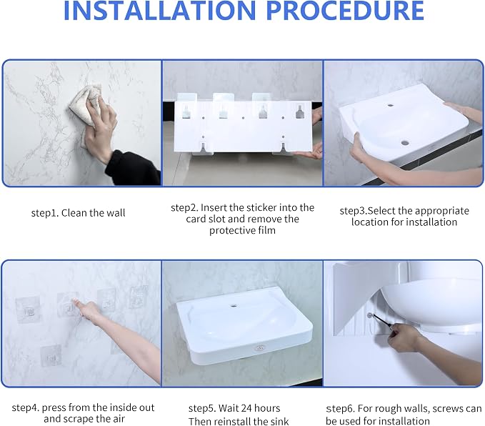 Wall Mount Bathroom Sink 19.7*15.3 No-Drill Installation Self-Adhesive Wash - Image 8