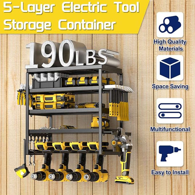 Power Tool Organizer, 5 Layer Drill Holders Wall Mount, Heavy Duty Metal - Image 3