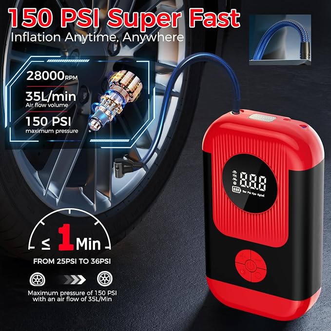 Tire Inflator Portable Air Compressor, 5X Faster Inflation 150PSI＆20000mAh - Image 3