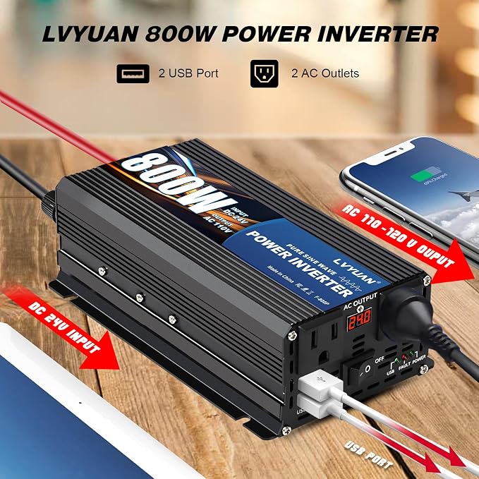 LVYUAN 800 Watt Pure Sine Wave Power Inverter 24V to 110V/120V DC to AC - Image 4