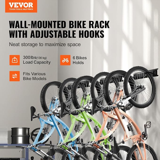 VEVOR Bike Storage Rack, 6 Bike Racks and 5 Helmets Hooks, Wall Mount Bike - Image 2