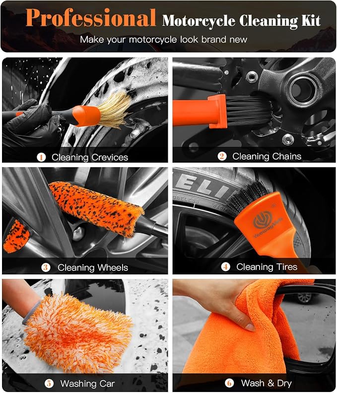 7PCS Motorcycle Cleaning Kit, 2-Size Bendable Wheel Brush, Tire and Chain Brush - Image 2