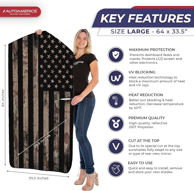Autoamerics 1-Piece Windshield Sun Shade Brown Camo American Flag USA Design - Image 2