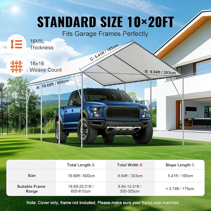 VEVOR 10x20' Canopy Replacement Cover Heavy Duty, Carport Garage Top Tent - Image 5