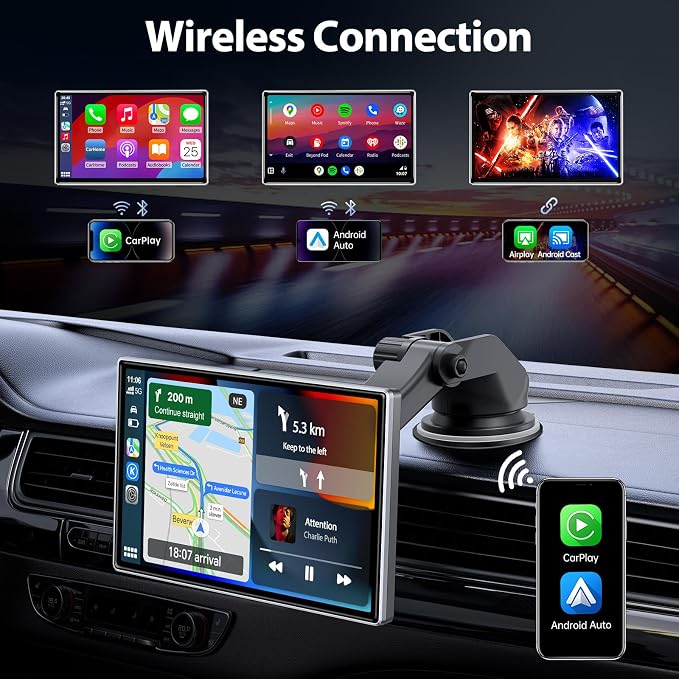 Upgrade Wireless Carplay Screen, Android Auto, Portable 7" HD IPS Screen - Image 2
