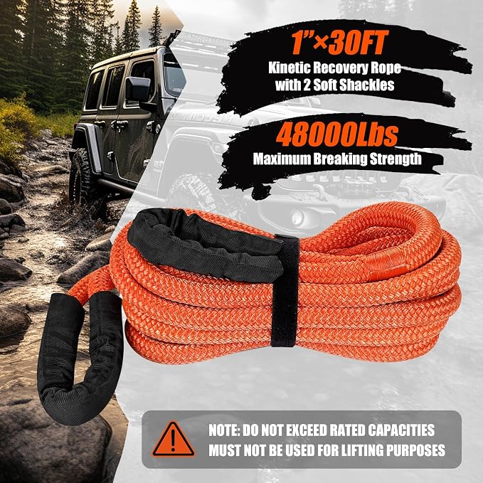 1" × 30ft Kinetic Recovery Tow Rope, Heavy Duty Offroad Towing Straps Kit - Image 2