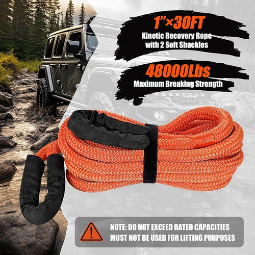 1" × 30ft Kinetic Recovery Tow Rope, Heavy Duty Offroad Towing Straps Kit - Image 2