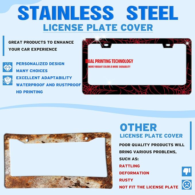 Red Spider Web License Plate Frame Funny Cobweb Stainless Steel License Plate - Image 2