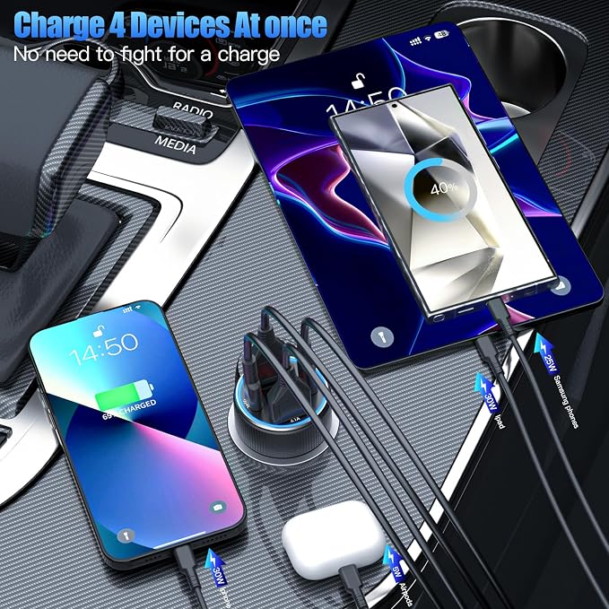 Car Charger USB C, 78W 4 Port Fast Charging Car Phone Charger Adapter, Dual - Image 3