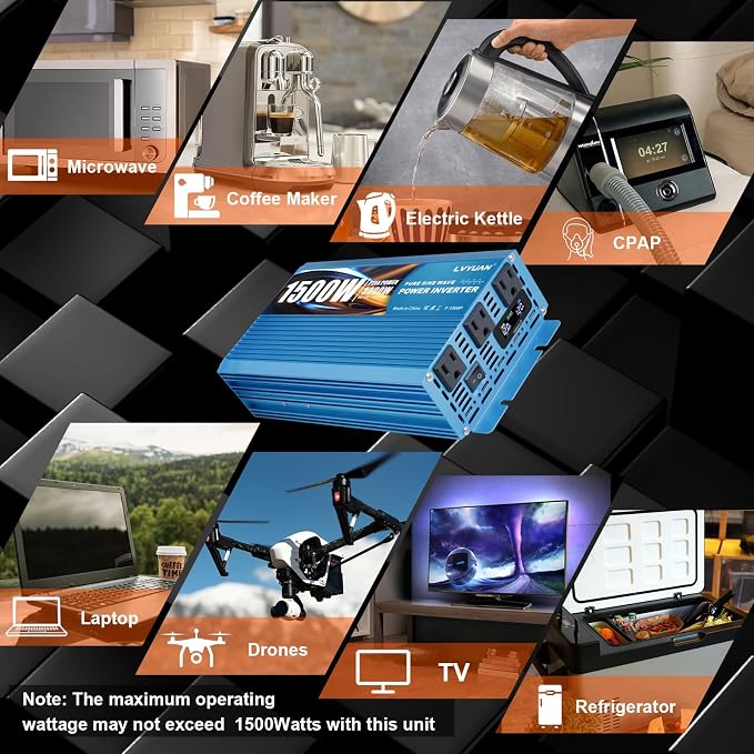 LVYUAN 1500 Watt Pure Sine Wave Inverter 12V to 110V 120V DC to AC - Image 5