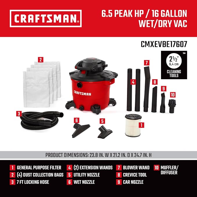 CRAFTSMAN CMXEVBE17607 16 Gallon 6.5 Peak HP Wet Dry Vac - Image 3