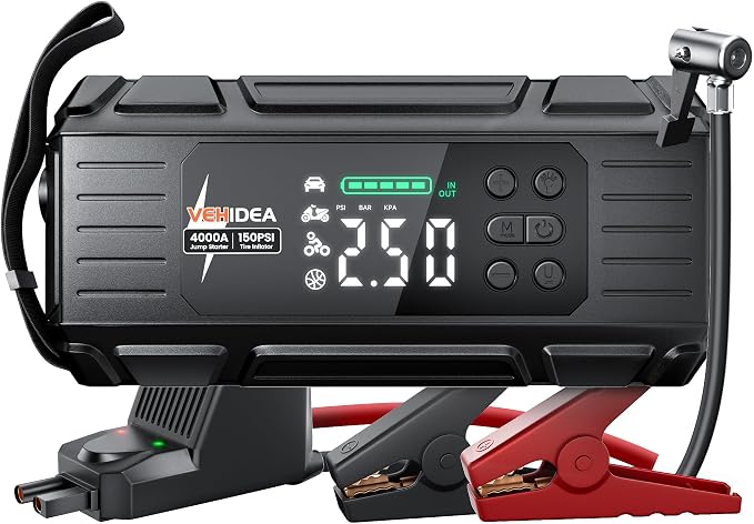 Jump Starter with Air Compressor: 4000A 150PSI Car Battery Charger - 65W Tire by VEHIDEA