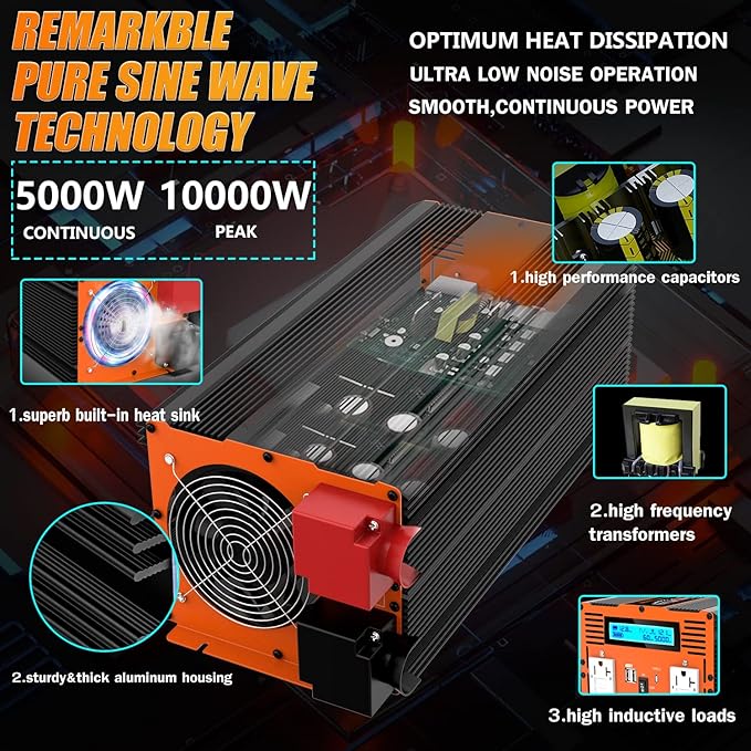 5000W Pure Sine Wave Power Inverter 12V DC to 110V 120V Converter - Image 2