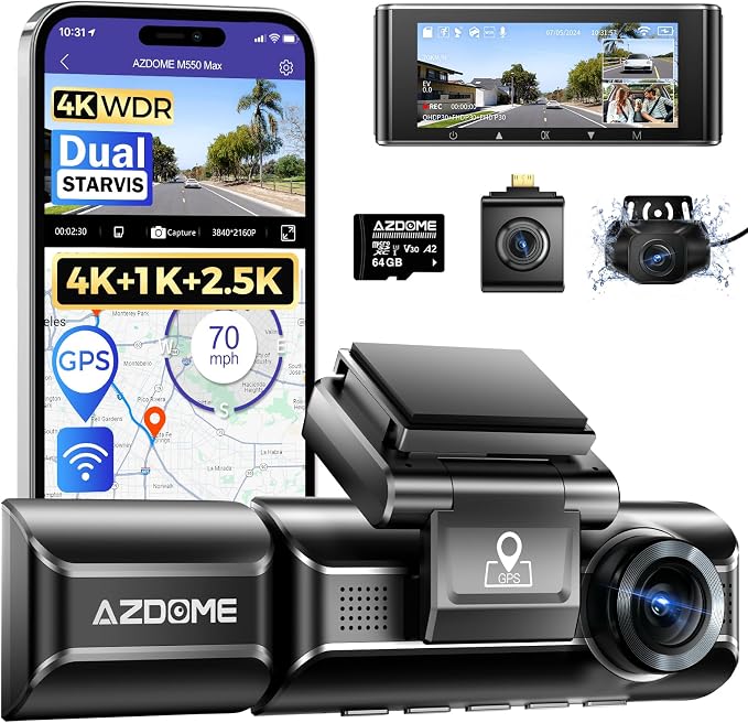 AZDOME M550 Max 4K 3 Channel Dash Cam, Dual STARVIS Sensors, 4K+2.5K+1080P by AZDOME