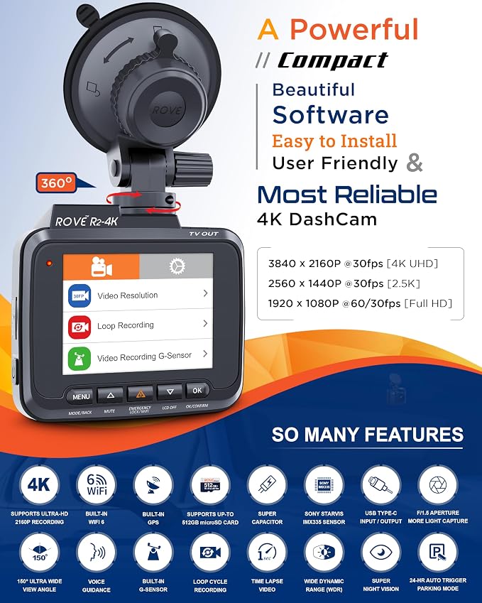 ROVE R2-4K Dash Cam Built-in WiFi 6 GPS Car Dashboard Camera Recorder - Image 2