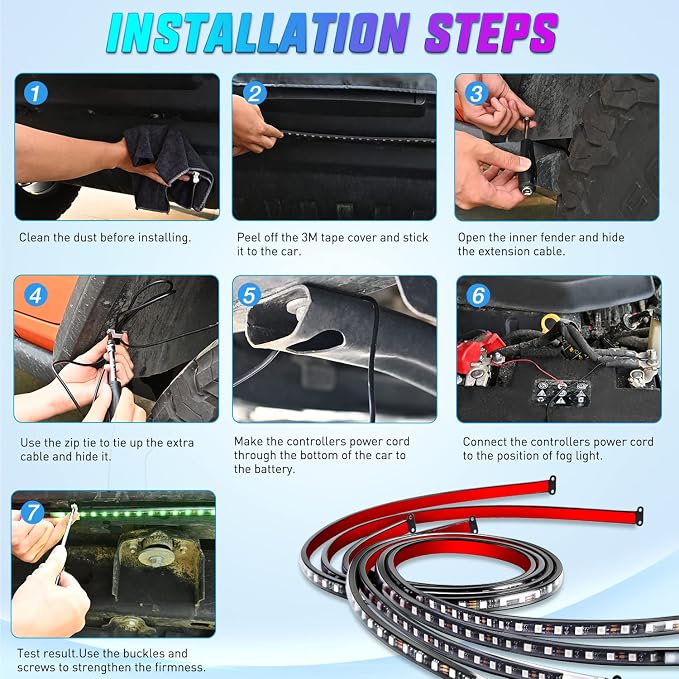 Nilight 4Pcs Car Underglow Neon Accent Strip Lights 256 LEDs RGB Multi Color - Image 6
