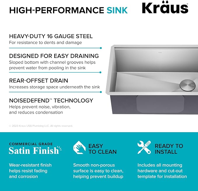 KRAUS Kore 28-Inch Undermount Workstation 16 Gauge Single Bowl Stainless Steel - Image 6