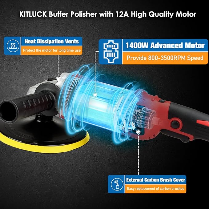 KITLUCK Buffer Polisher, 12Amp 6″/7″ Rotary Polisher - Image 4