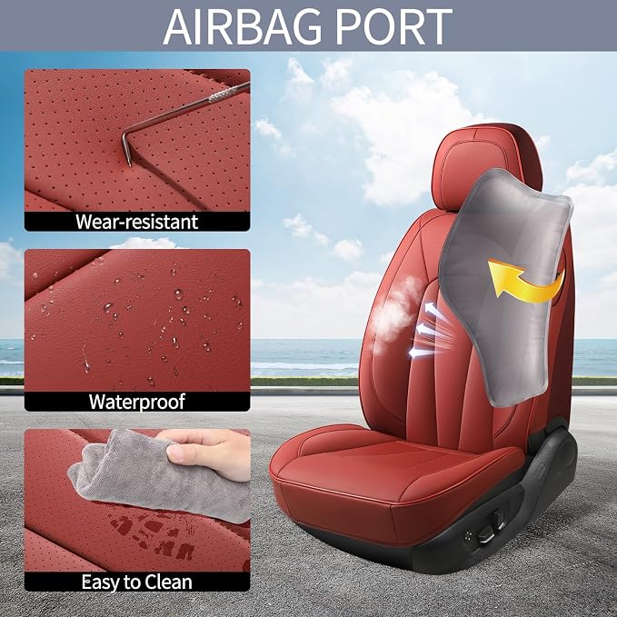 Red Car Seat Covers, Leather Car Seat Covers 2 Front Seats, Waterproof - Image 3
