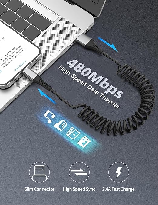 Coiled Lightning Cable for Car, Short Apple CarPlay USB to Lightning Cord for - Image 6