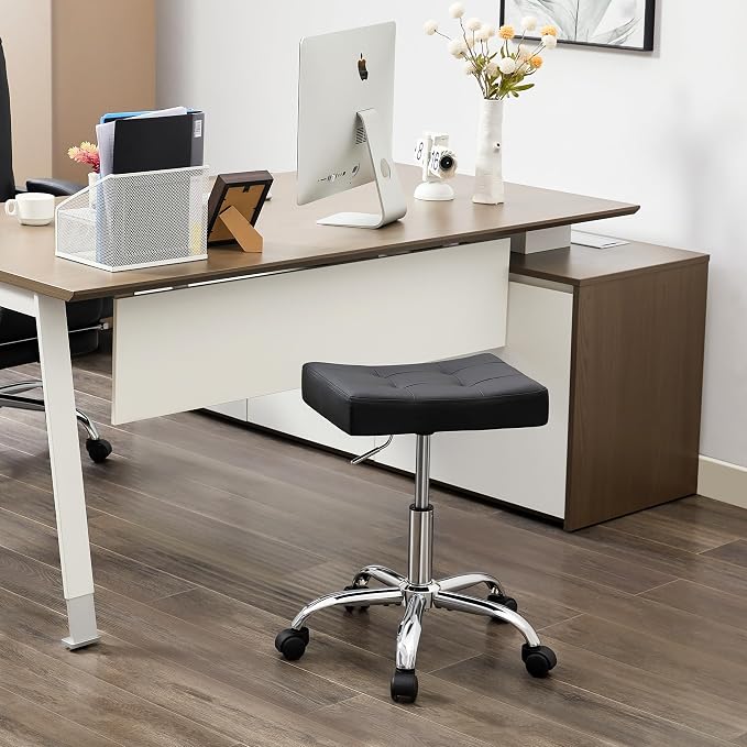 Office Stool with Wheels Black Faux Leather Workbench Stool - Image 7