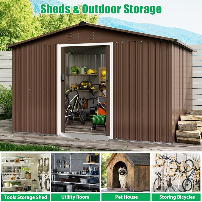 10x10 Ft Brown Metal Outdoor Storage Shed, Large Garden Shed - Image 5