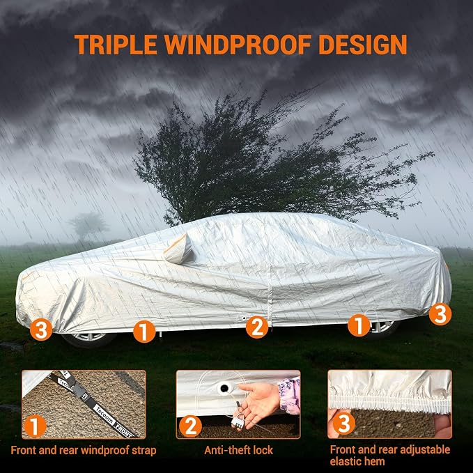 Tecoom Car Cover Waterproof All Weather, 3 Layers Car Covers - Image 4