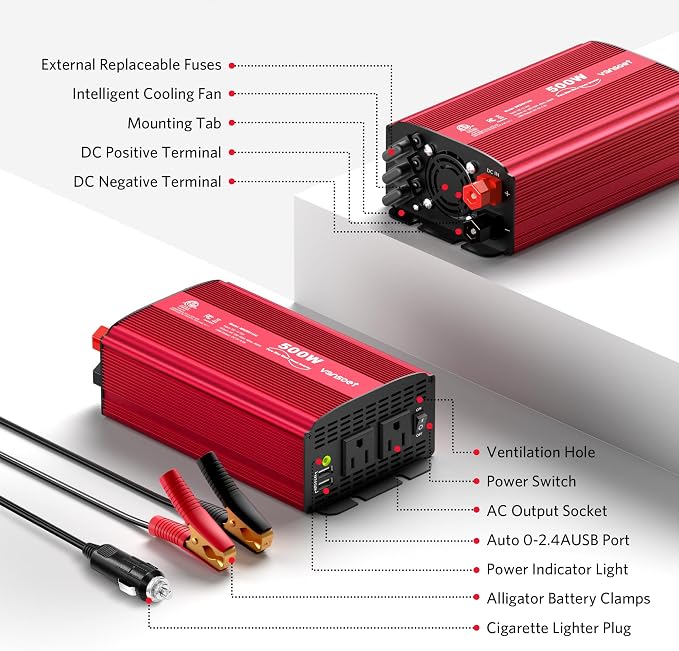500W Pure Sine Wave Power Inverter, DC 12V to 110V AC Car Plug Inverter Adapter - Image 6