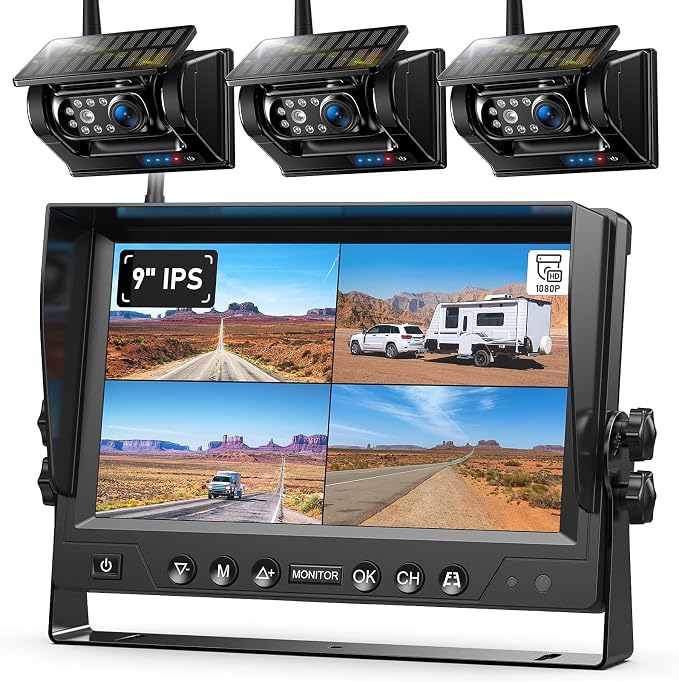 3 Magnetic Solar Wireless Backup Camera System, Quad RV Rearview Backup Cameras by ZEROXCLUB