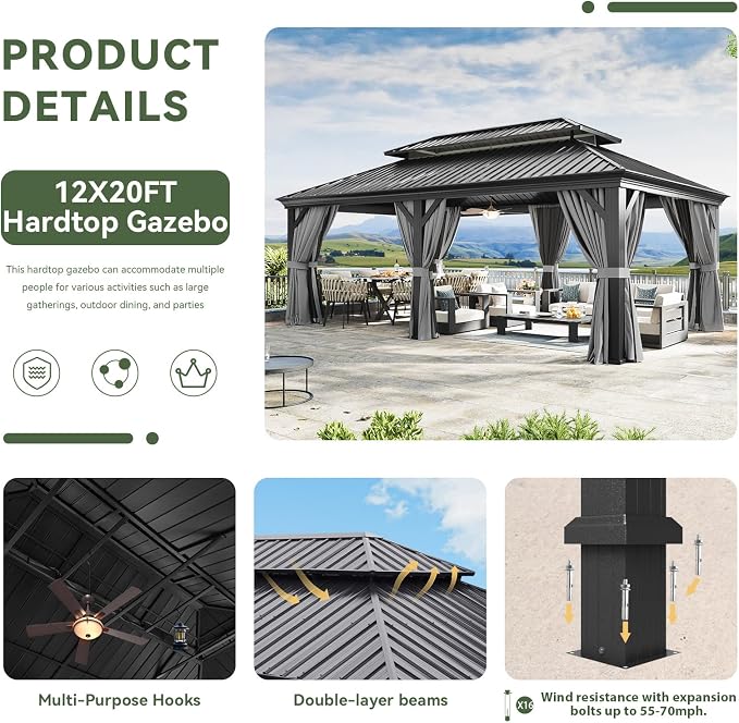 Aoxun 12' X 20' Hardtop Gazebo, Aluminum Outdoor Gazebo - Image 6