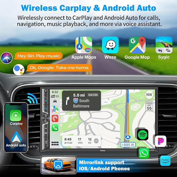 7" Double Din Car Radio with Wireless Apple CarPlay and Android Auto, 240W - Image 2