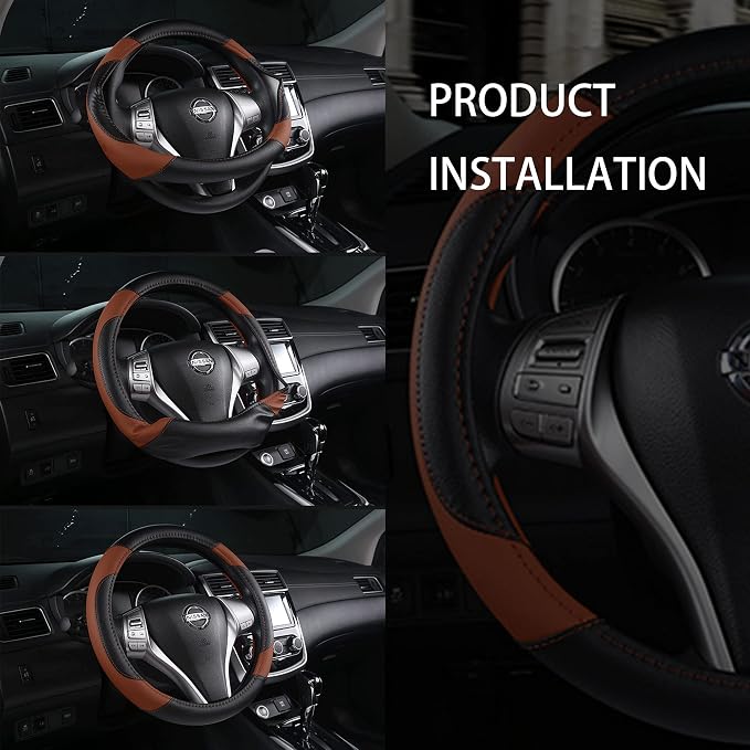 Leather Car Steering Wheel Cover, Non-Slip Car Wheel Cover Protector Breathable - Image 5