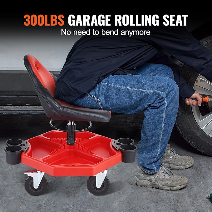 Rolling Garage Stool 300LBS Adjustable Mechanic Work Shop Seat w/Casters - Image 2