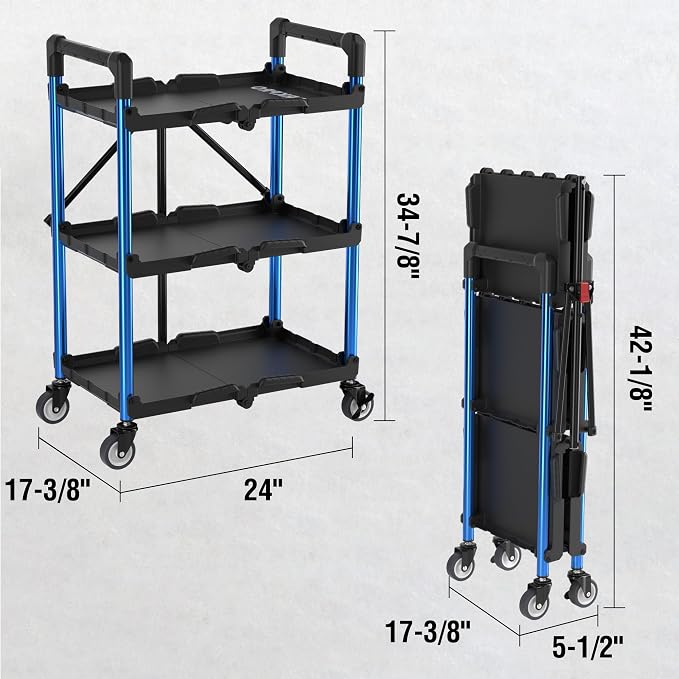 WORKPRO 3-Tier Collapsible Service Cart, 210 LBS Foldable Utility Service Cart - Image 3