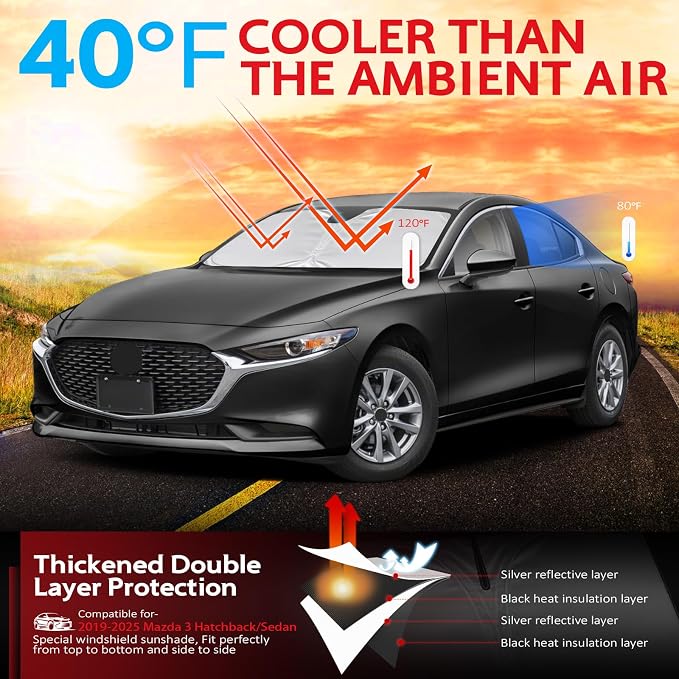 KAYZT Windshield Sun Shade for 2019-2025 2026 Mazda 3 Hatchback Sedan Foldable - Image 2