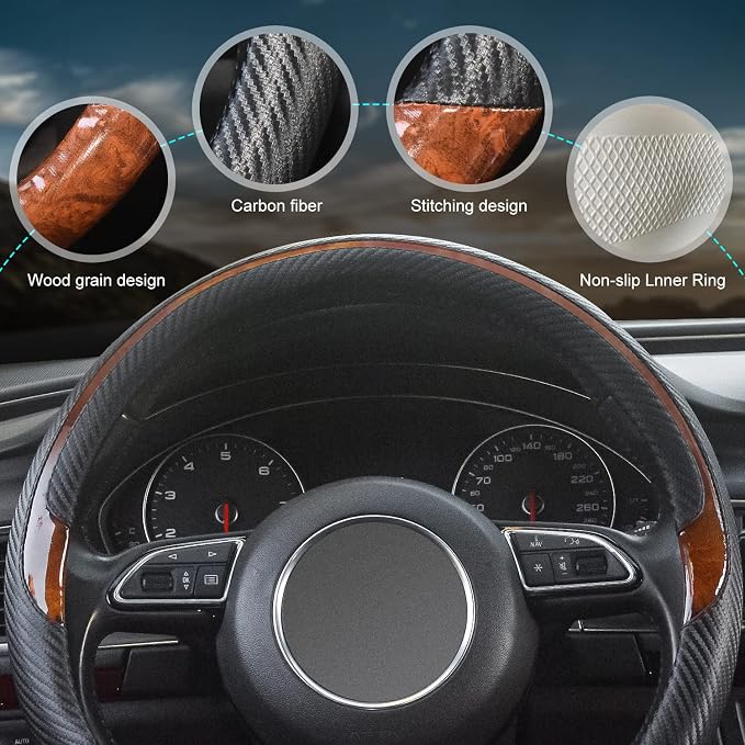 Xizopucy Wood Grain Steering Wheel Cover Black Universal Microfiber Leather - Image 4