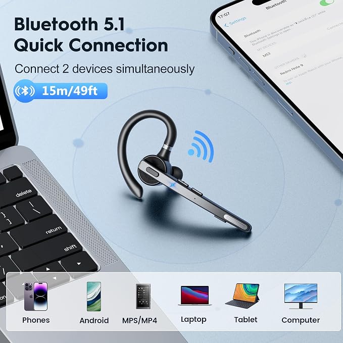 New bee Bluetooth Headset, 72H Talktime Wireless Bluetooth Earpiece - Image 5