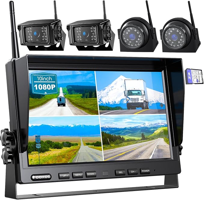 Fookoo HD 10" Wireless Backup Camera System, 1080P 10-inch Quad Split Monitor by FOOKOO