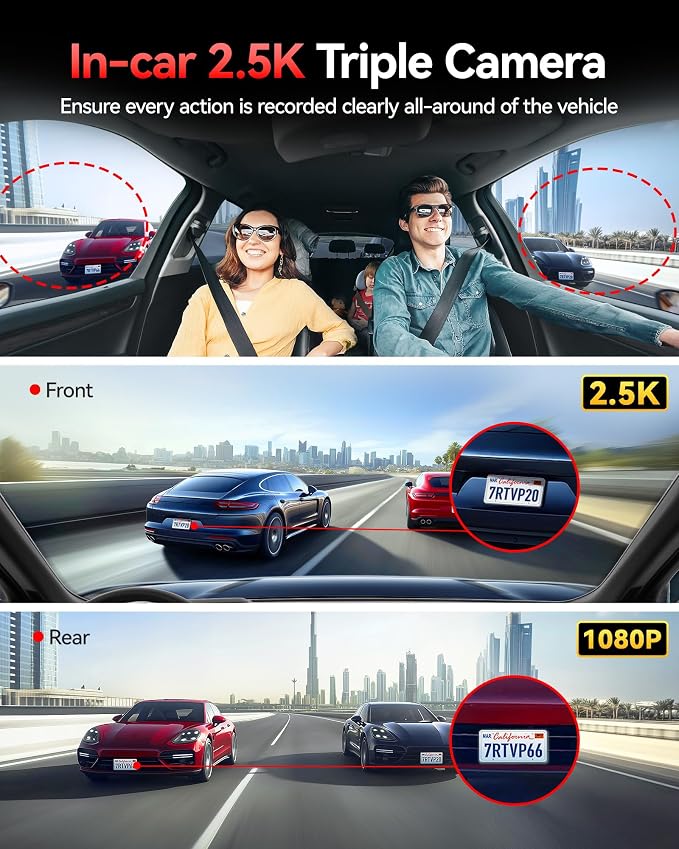 REDTIGER 530° Dash Cam 3 Channel, 2.5K+2.5K+1080P Triple Car Camera - Image 3