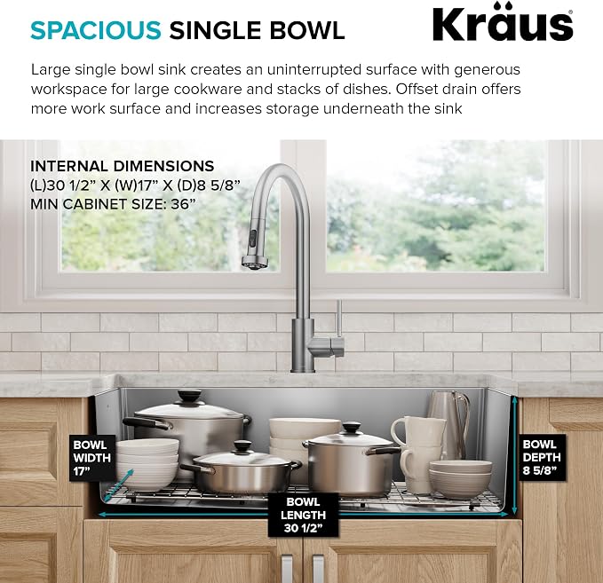 KRAUS Fairlane 33-inch Undermount Single Bowl 18-Gauge Stainless Steel Kitchen - Image 8