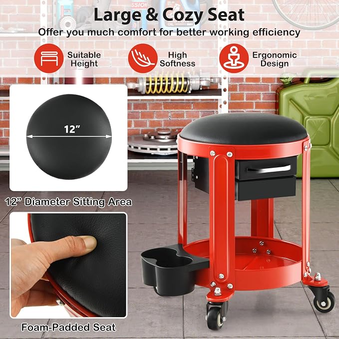 S AFSTAR Garage Shop Roller Seats, Adjustable Pneumatic Rolling Creeper Stool - Image 4
